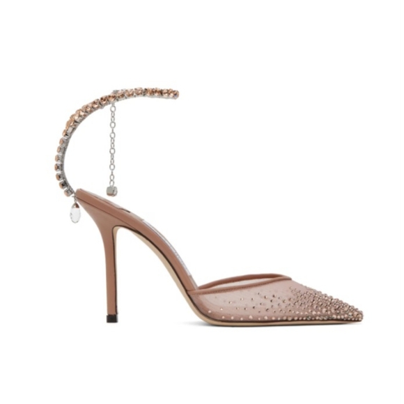 $1,495 *JIMMY CHOO* SAEDA 100 CRYSTAL EMBELLISHED HEELS Size 37 7B Ballet Pink - Picture 4 of 15